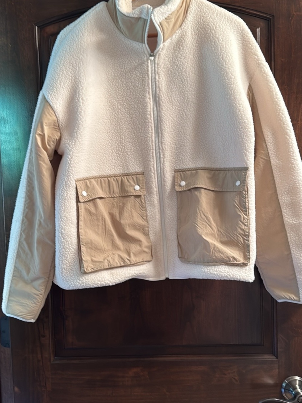 ZYIA  Ivory Trossachs Coat -Cream Sherpa Zip Jacket with Tan Pocket Accents